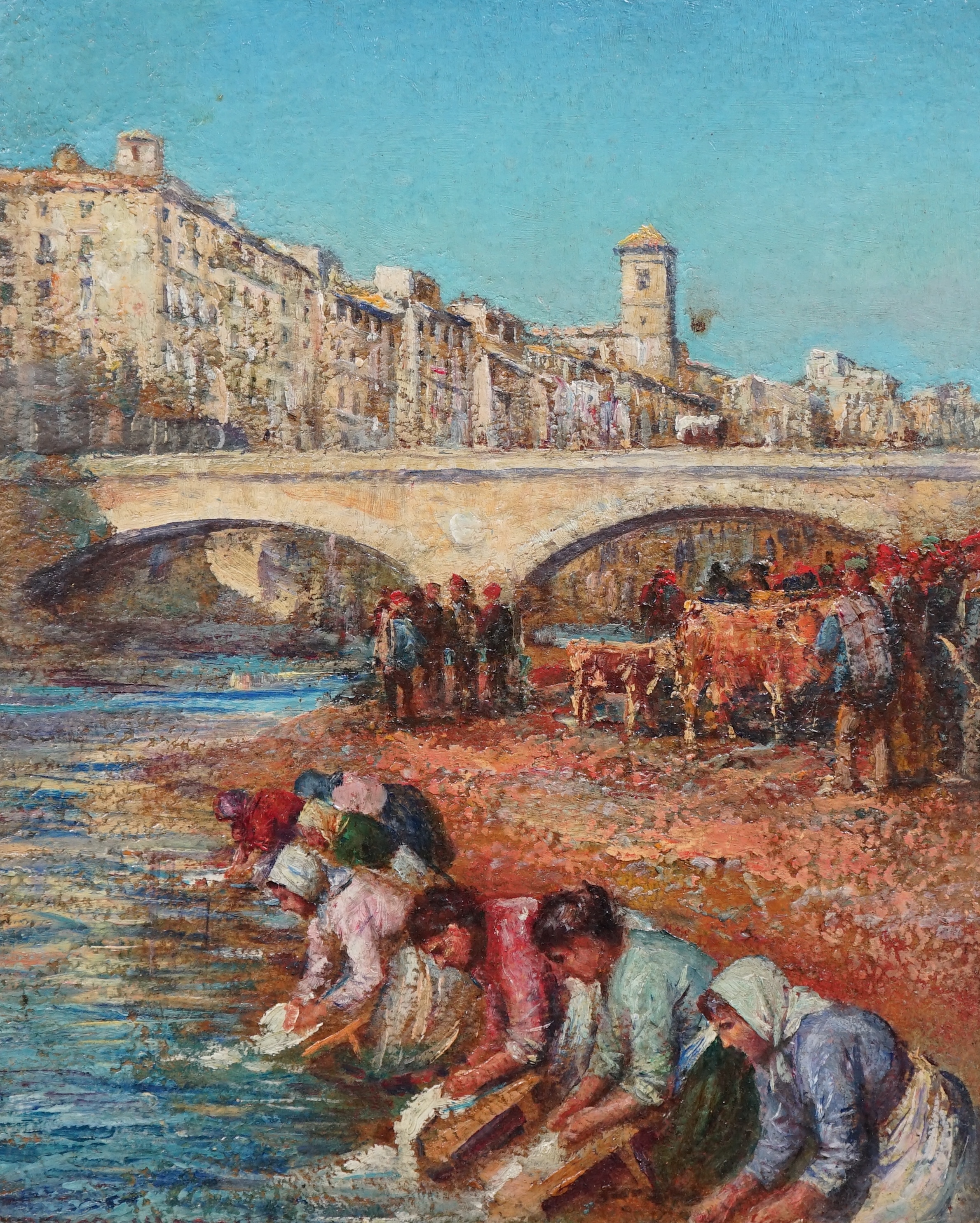 Arthur Trevor Haddon (British, 1864-1941), oil n board, 'Women washing, Gerona', signed, 32.5 x 26cm. Condition - fair